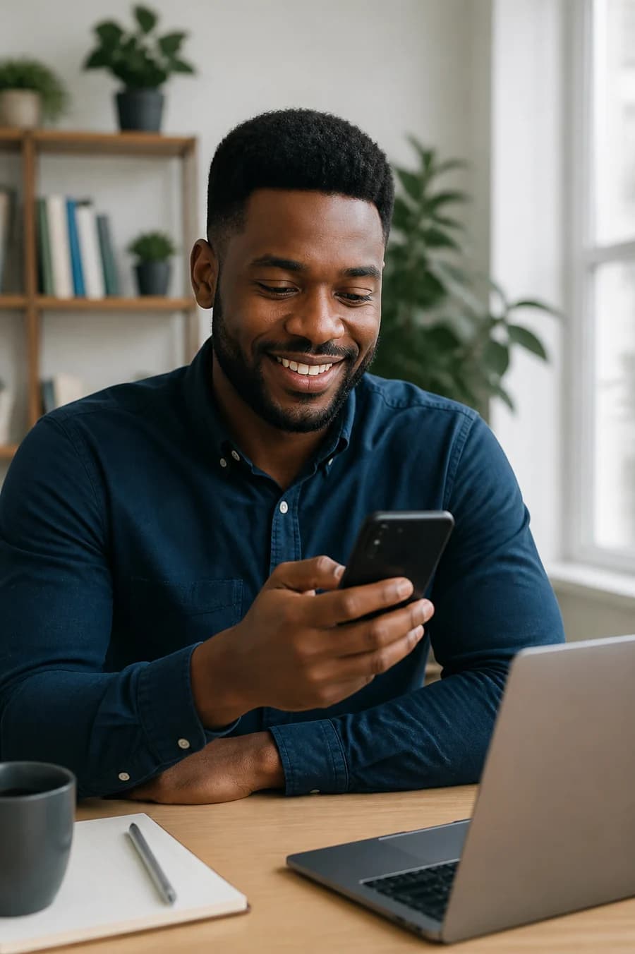Black delegate reviewing member information on a phone